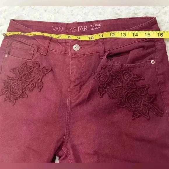 Vanilla Star Juniors Mid Rise Skinny Burgundy Jeans - Picture 8 of 11